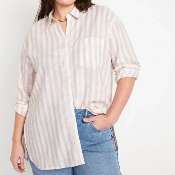 Old Navy Tops - OLD NAVY Women's White & Tan Striped BOYFRIEND LINEN Button Down Shirt M